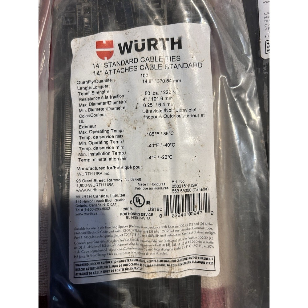 500 Wurth Cable Ties Strap Re-Usable Black 14"! Five Packs Lot - Picture 2 of 2